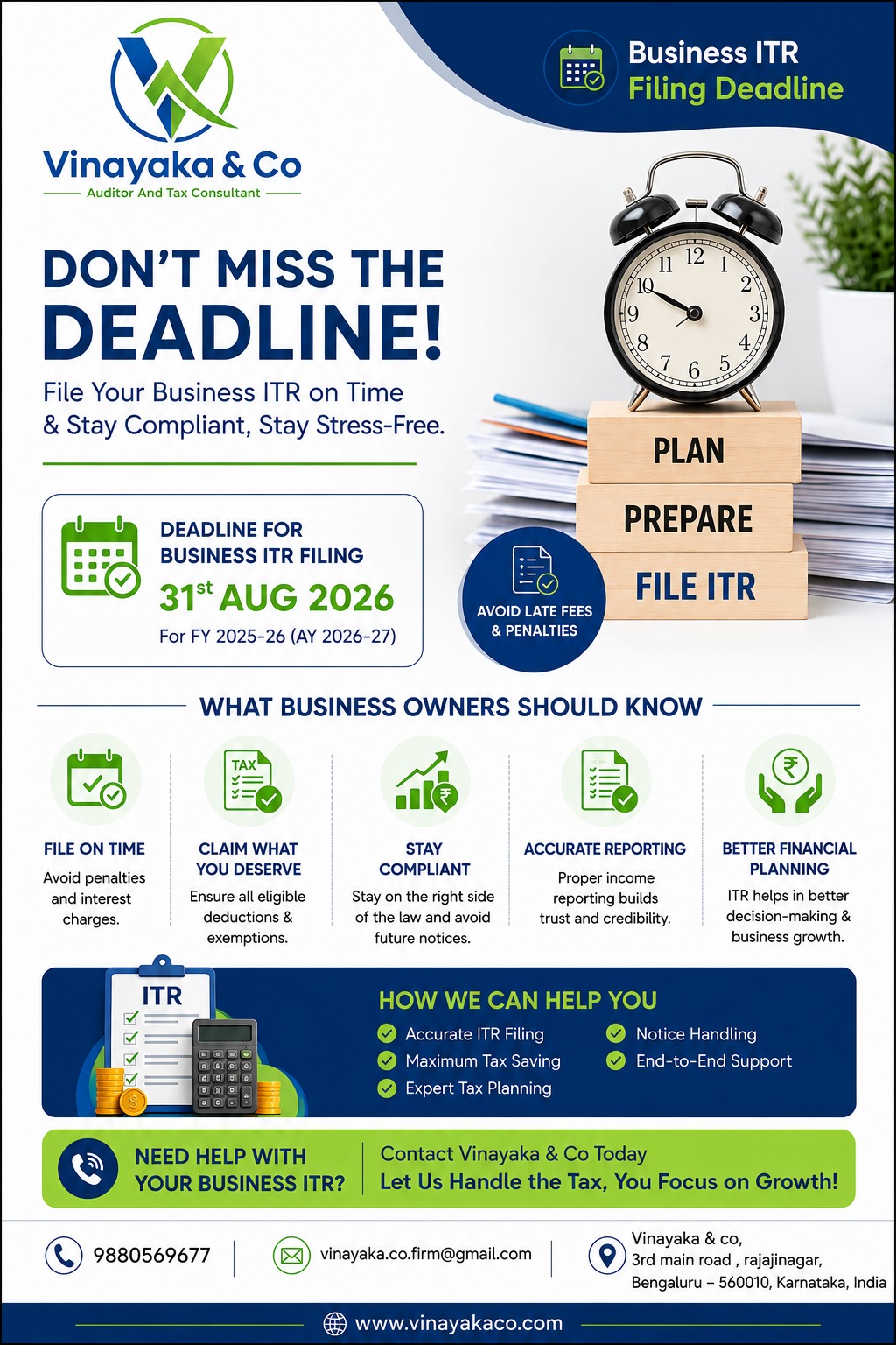 Business ITR Filing Deadline — 31st August 2026 for FY 2025-26 (AY 2026-27). Contact Vinayaka & Co.